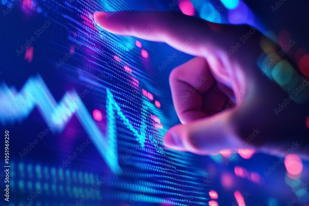 Poster close-up of a hand interacting with a digital financial graph, illustrating data analysis and invest