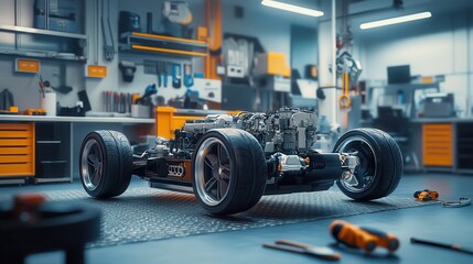 Fototapeta premium A detailed automotive chassis is displayed in a well-equipped workshop, showcasing tools and mechanical components amid a neat and organized environment.