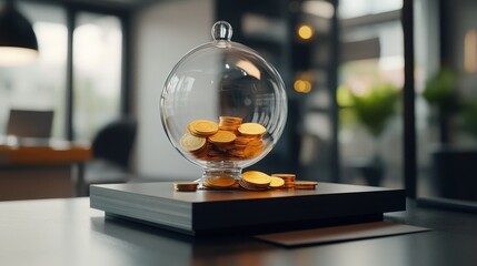 Gold Coins in Glass Dome on Tabletop