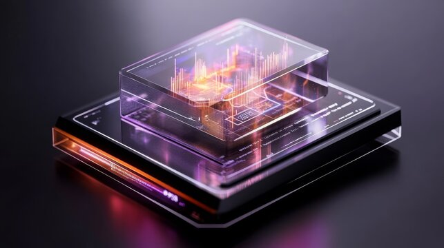 Abstract Technology Data Visualization  Glass Cube on Black Background