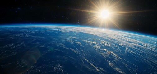 Fototapeta premium Earth view from space with sun rising over horizon.