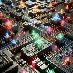 A 3d rendered complex maze of interconnected microchips and circuitry, glowing with vibrant colors. Some paths are blocked by playful, AI-powered barriers like tiny holograms.