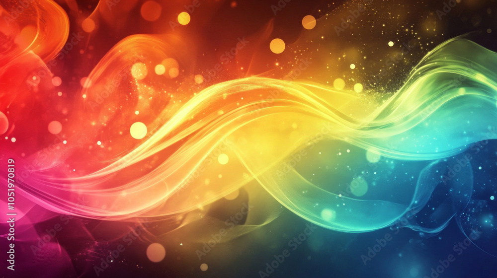 Poster colorful abstract design featuring vibrant waves and glowing bokeh lights against a dark backdrop, c