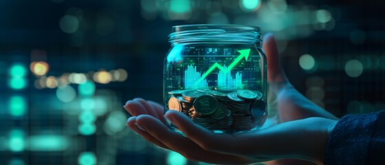 Hand Holding Jar of Coins with Financial Growth Graph Overlay, Symbolizing Investment Success and Future Wealth in a Modern City Nightscape