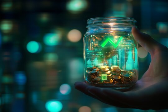 Hand Holding Glass Jar with Coins and Digital Growth Chart Overlay on Dark Background, Symbolizing Financial Investment and Future Savings