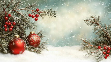 A Christmas tree with red and gold ornaments and a white background. The tree is surrounded by snow and branches
