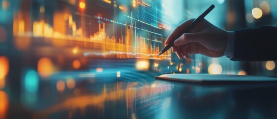 Hand of a business analyst using a digital pen to analyze financial graphs on a futuristic touchscreen interface with vibrant data visualization elements.