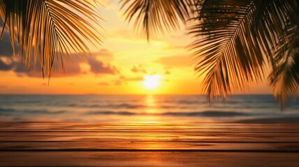 Vibrant sunset with palm leaves on the beach for summer vacation concept. AI generated illustration