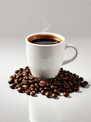 Fototapeta premium A steaming cup of coffee surrounded by scattered coffee beans.