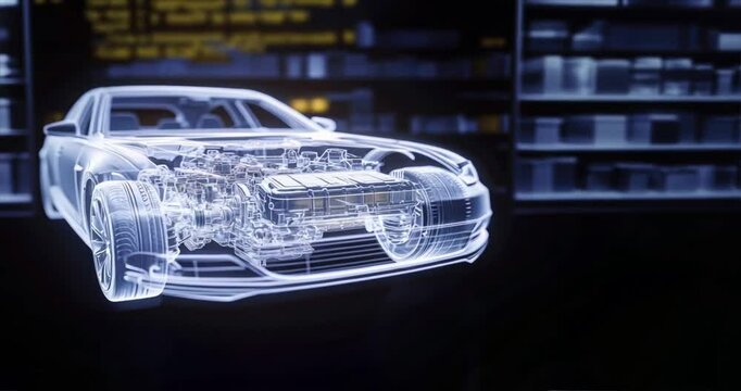 A transparent car engine is shown on a digital screen with all components visible, showcasing vehicle technology and mechanical systems, car engine display, new tech for CNG cars