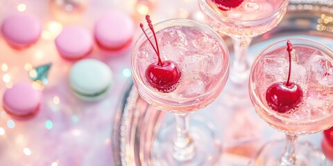 elegant pink cocktails in vintage glasses, arranged on a silver tray with macarons garnished with cherries, and colorful, festive fairy lights glow softly in the background