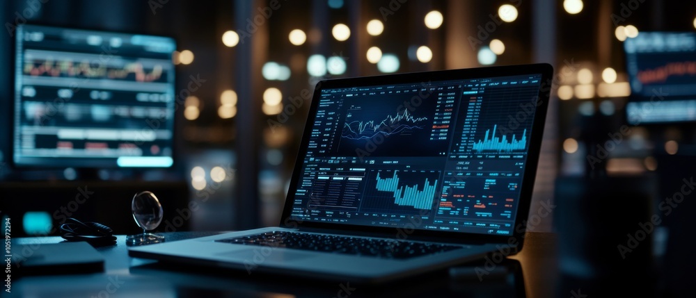 Poster high-tech laptop displaying financial market data and analytics in a modern trading environment, ill