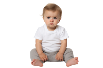 A baby showing a sense of sadness and isolation, sitting in a small, vulnerable pose, with a plain white background