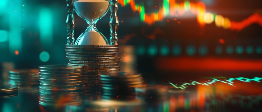 Investment Timing: Hourglass Surrounded by Stacked Coins with Dynamic Financial Graphs Illustrating Market Trends and Time Value of Money Concept - Powered by Adobe