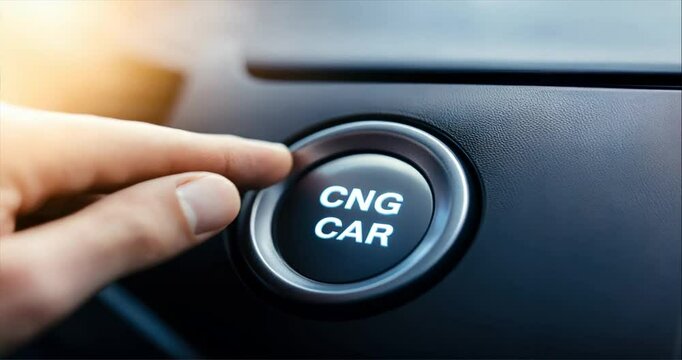 A finger about to press a start button labeled CNG CAR, illustrating CNG vehicle technology and eco friendly transportation, clean fuel, start button