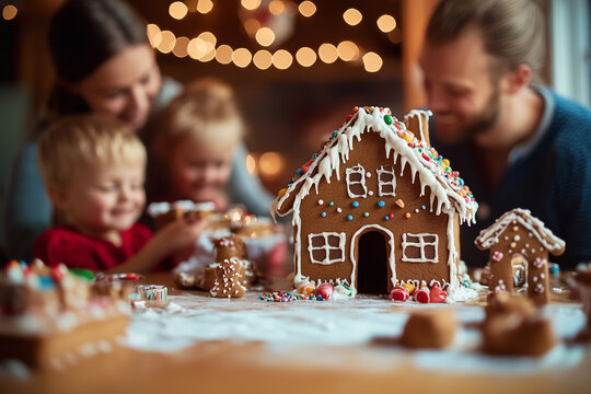 A family decorating gingerbread houses at the kitchen table with candies and sprinkles.A family is joyfully making a gingerbread house for Christmas
