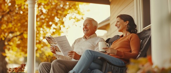 Joyful Moments: Elderly Man and Woman Enjoying Autumn on Porch, Reading and Sipping Coffee with Colorful Fall Leaves in Background
