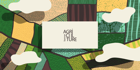 Agriculture field pattern banner, aerial view. Countryside grassland, farm land from top. Agriculture farmland patches, padded mosaic country background, natural patchwork texture © Lidiia Shapoval