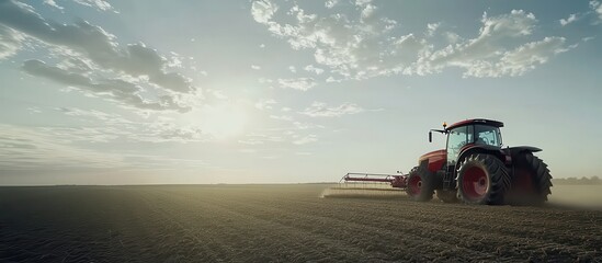 A tractor plows a vast field under a wide sky, with sunlight breaking through clouds, symbolizing agricultural productivity and rural life.