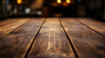 Empty wooden tabletop over defocused kitchen background with copy space