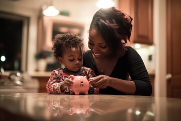 Mom and toddler joyfully saving coins in a piggy bank, fostering early financial literacy together in a cozy kitchen setting.