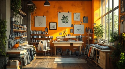 A small workshop with orange walls and a large window, filled with fabric, sewing machines, and other craft supplies.