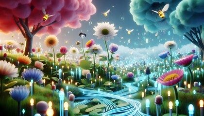 A garden filled with flowers, trees, and vines made from 3d rendered technology components. Chip petals, resistor stems, and LED fireflies hovering in the air. The roots of the plants glow like fiber 