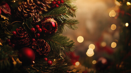 A Christmas tree with red berries and red balls. The tree is decorated with red and gold ornaments