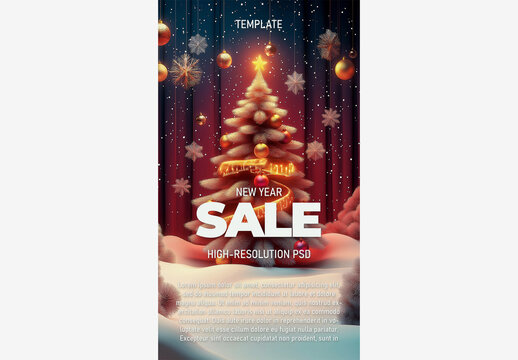Holiday & Winter Templates: Christmas Tree with Star & New Year Sale Banner Amidst Snowflakes & Festive Red Curtain Holiday Template Generative AI