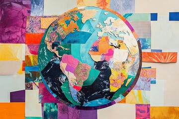 Colorful collage art of the Earth showcasing vibrant paper cutouts. AI generated illustration