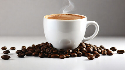 Obraz premium A steaming cup of coffee surrounded by scattered coffee beans.