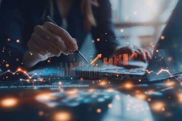 Professional Business Analyst Analyzing Data Trends on Laptop with Graphs and Charts; Financial Growth Concept in a Modern Office Environment