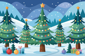 Fototapeta premium Snowy Landscape with Decorated Pine Trees: Perfect for Winter Holiday Greetings