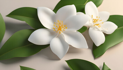 Obraz premium 3D image of jasmine flowers on a table, with soft petal details and pure white color. The light makes the image look bright.
