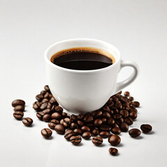 A steaming cup of coffee surrounded by scattered coffee beans.