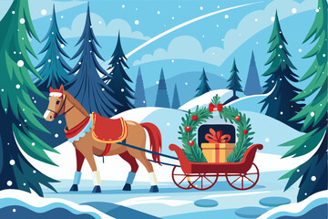 Horse-Drawn Sleigh Adorned with a Christmas Wreath in a Snowy Landscape