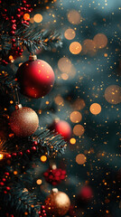 A Christmas tree with red and gold ornaments hanging from it. The tree is surrounded by a blurry background, giving the impression of a dreamy, festive atmosphere