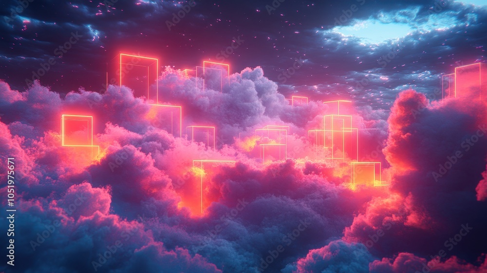 Poster neon glowing cube lines and fluffy twilight clouds on a dark background. creative concept of cloud s
