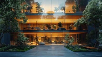 Obraz premium Eco-friendly building in the modern city. Sustainable glass office building with tree for reducing carbon dioxide. Office building with green environment. Corporate building reduce CO2.