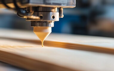 Precision machine applying glue on wooden surface.