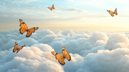 Naklejka premium A serene scene of butterflies flying above fluffy clouds at sunset.