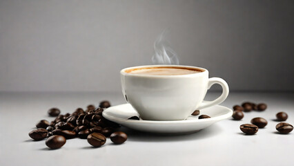 Fototapeta premium A steaming cup of coffee surrounded by scattered coffee beans.