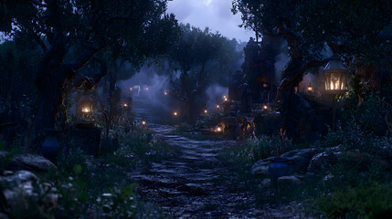 Obraz premium A winding path leads through a mystical forest village at night, lit by lanterns.