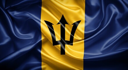 Waving Barbados flag with trident symbol on blue and yellow stripes.