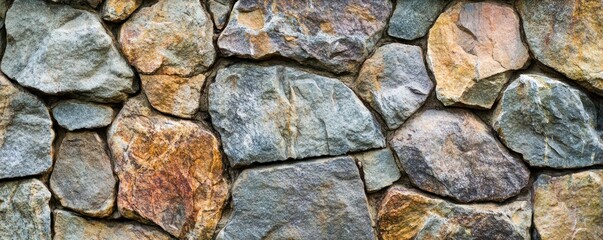 A textured stone wall showcasing various colors and shapes of natural stones.