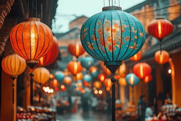 Obraz premium In the mid autumn festival, beautiful Chinese lanterns and traditional lanterns are hanging on street markets in Saigon, Vietnam.