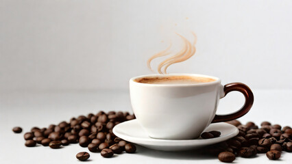 A steaming cup of coffee surrounded by scattered coffee beans.