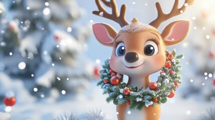 3D cartoon illustration of cute reindeer standing in the snow