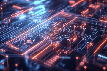 Fototapeta premium A futuristic close-up of a transparent circuit board, revealing the flow of digital information as pulses of light travel through the pathways