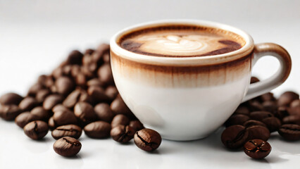 Obraz premium A steaming cup of coffee surrounded by scattered coffee beans.